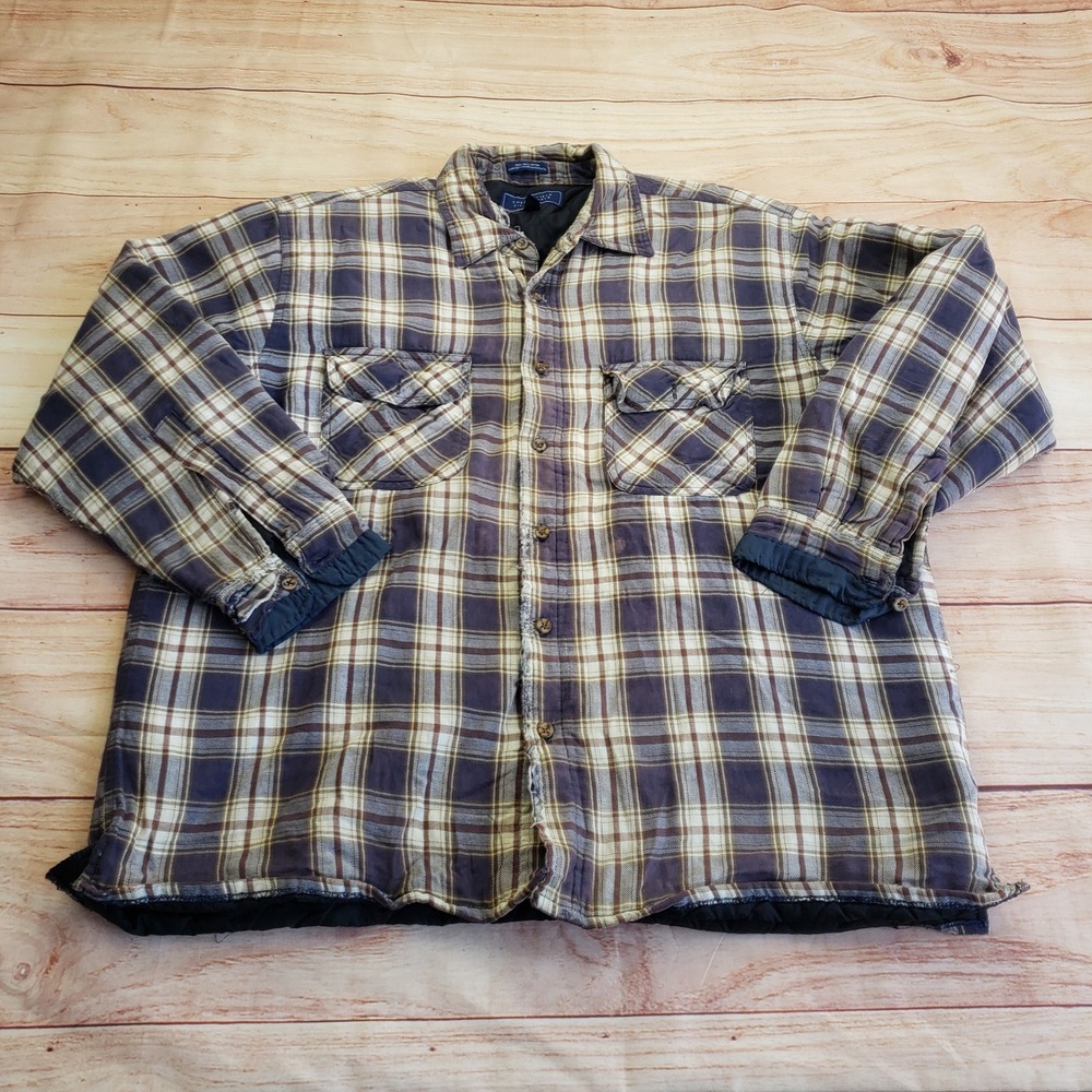 Chesterfield Quilted Flannel‎ Shirt Jacket Mens XL Purple Tan Plaid Distressed
